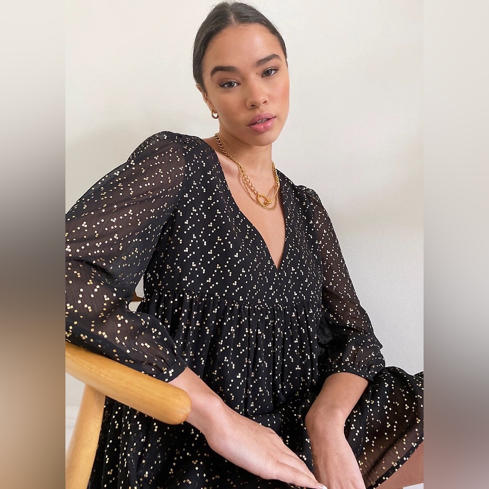 Sunday Best Aritzia Jinx Long Sleeve V Neck Black Gold Babydoll Dress Size XS - Picture 4 of 11